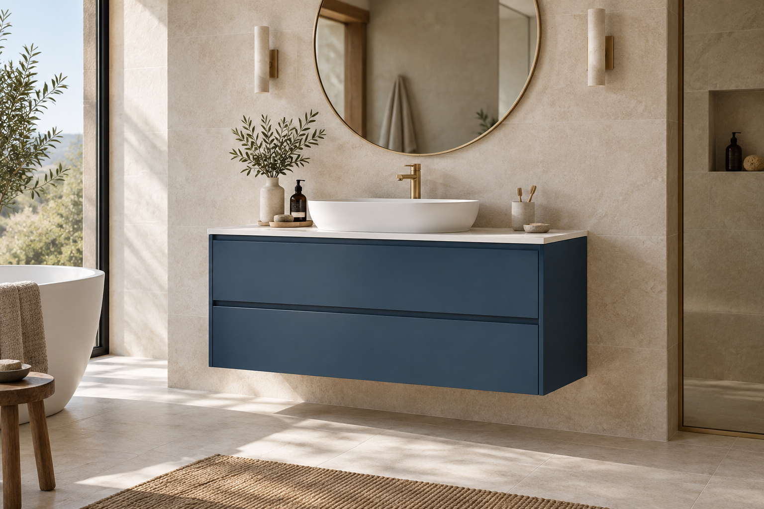 Illustrative blue bathroom vanity lifestyle concept