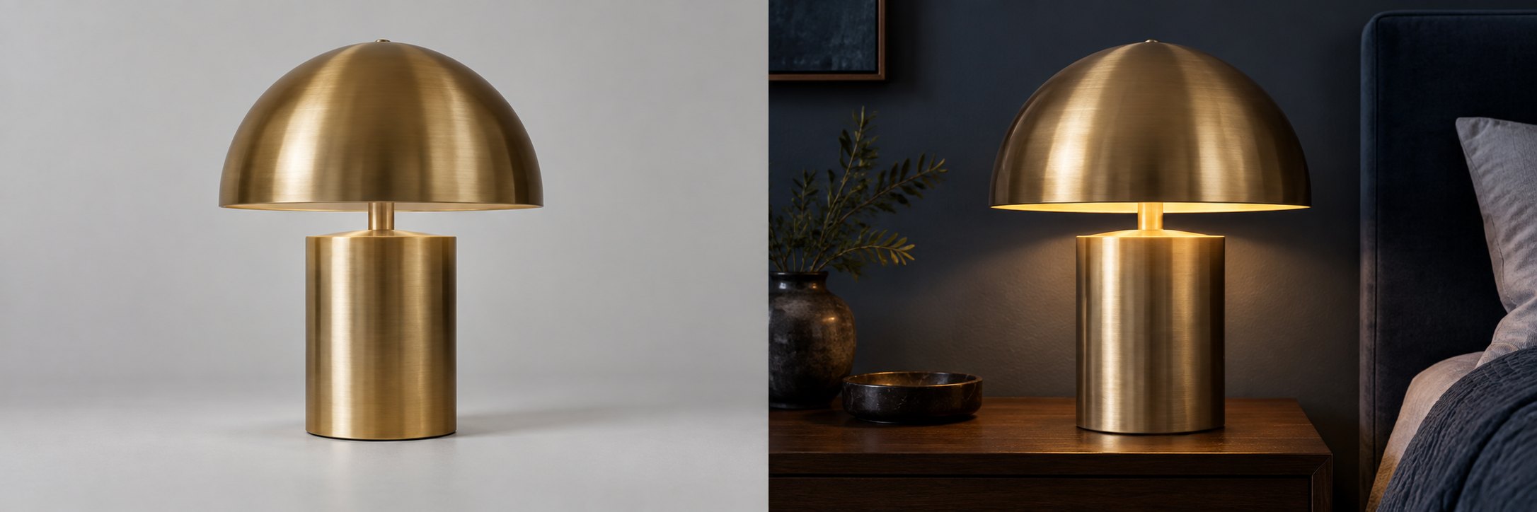 Illustrative sculptural brass lamp lifestyle concept