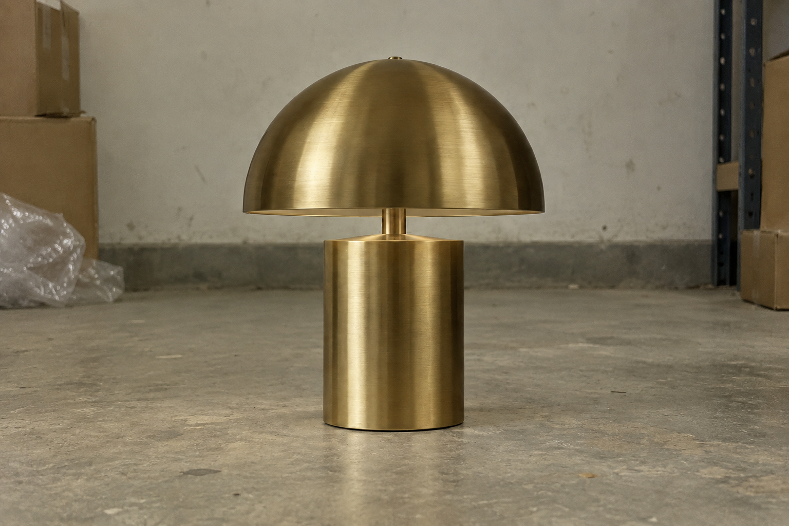 Illustrative sculptural brass lamp poorly lit stockroom snapshot