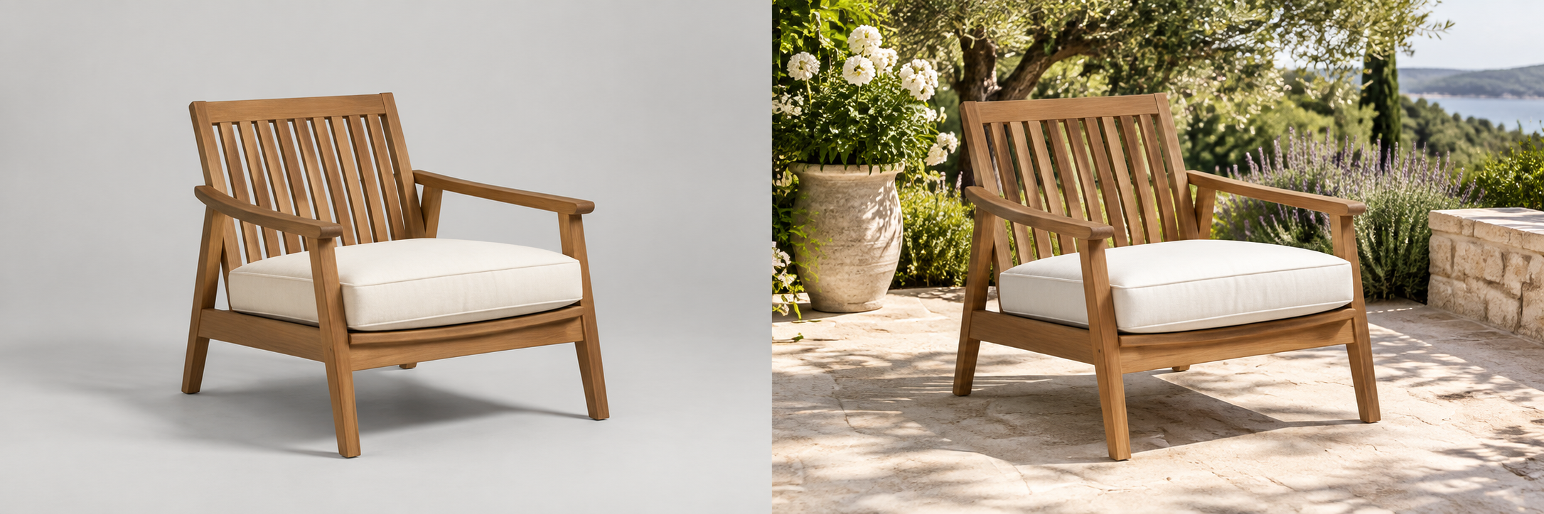 Illustrative teak lounge chair lifestyle concept