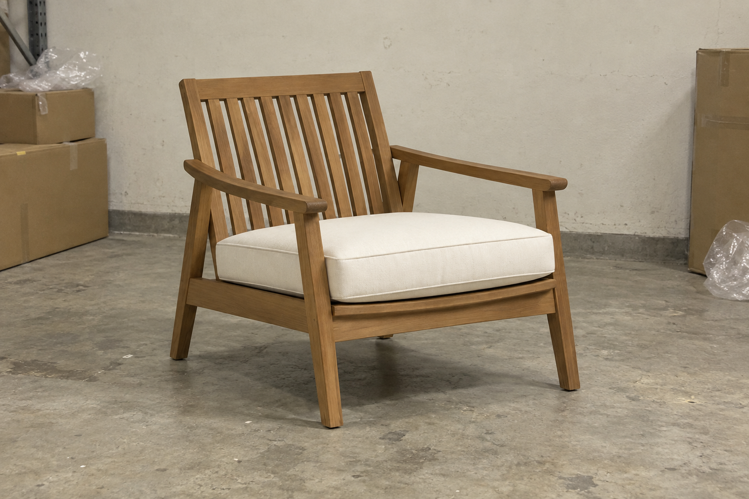 Illustrative teak lounge chair poorly lit stockroom snapshot
