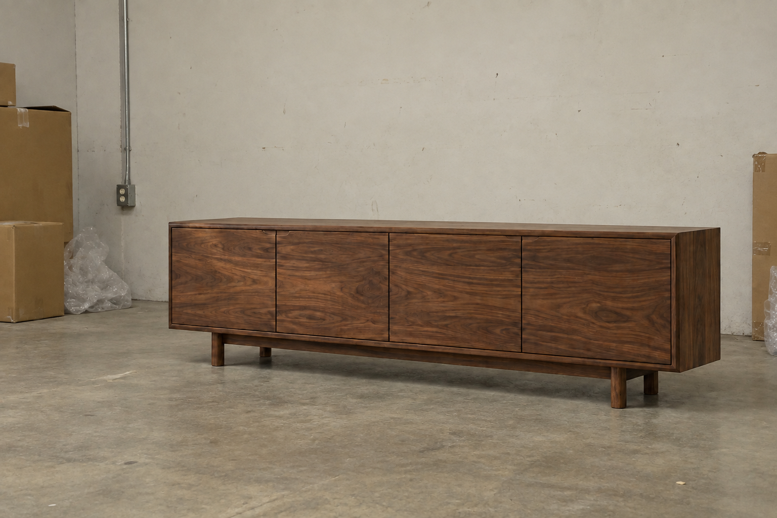 Illustrative walnut sideboard poorly lit stockroom snapshot