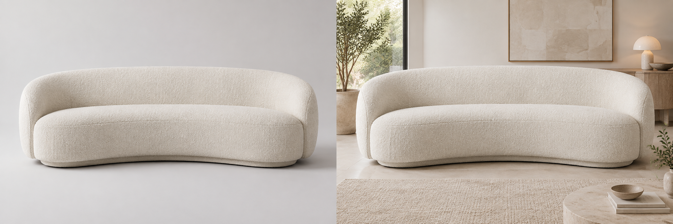 Illustrative curved cream sofa lifestyle concept