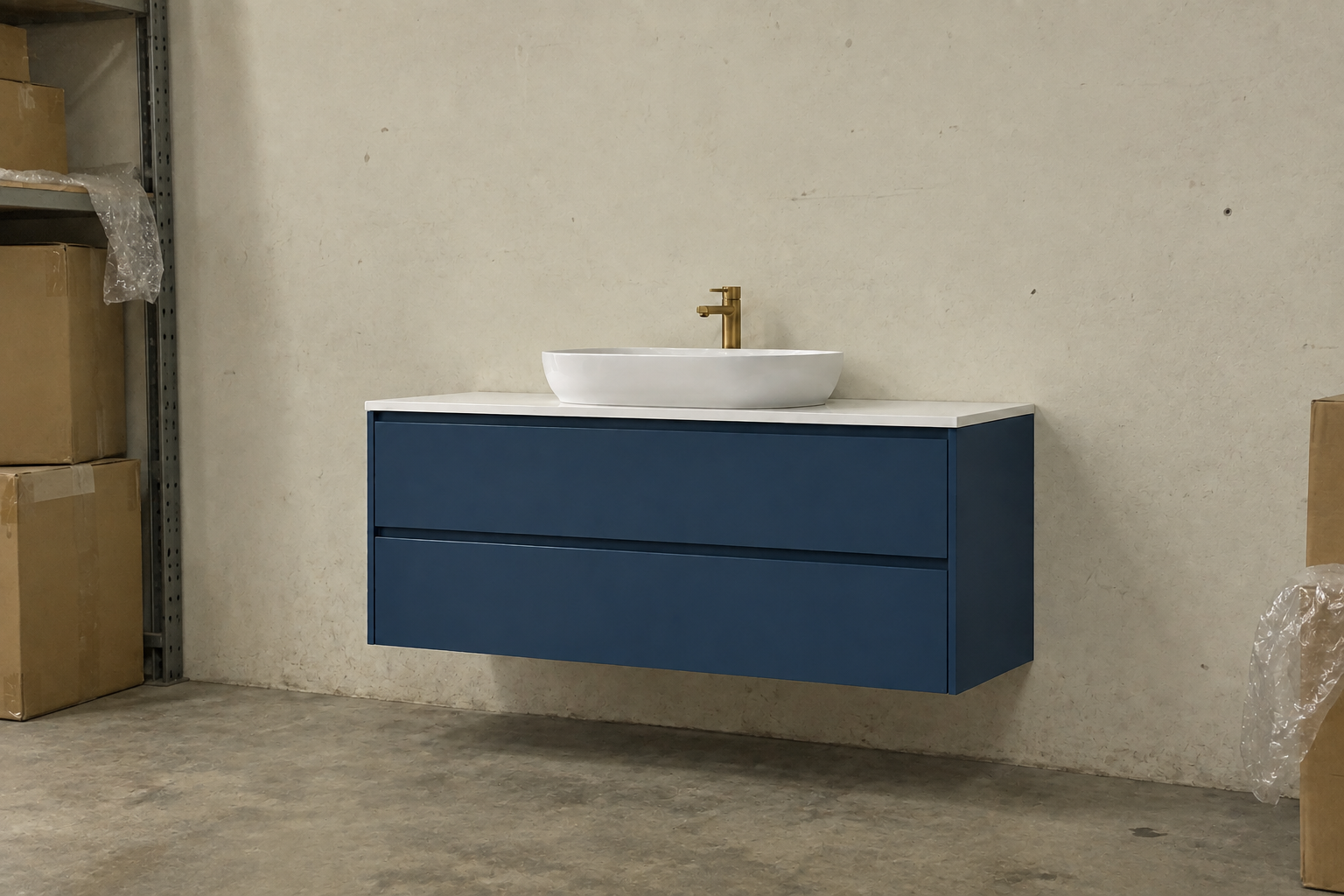 Illustrative blue bathroom vanity poorly lit stockroom snapshot